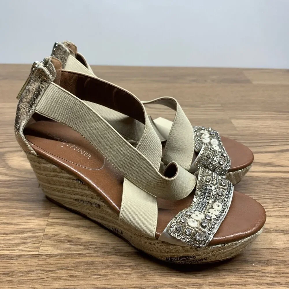 Donald Pliner Espadrille‎ Wedge Shoes 6.5 M Ankle Strap Sandals Beige Sequin